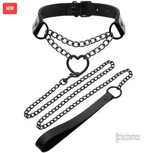 Faux Leather Adjustable Choker Necklace with Heart Charm and Chain Leash